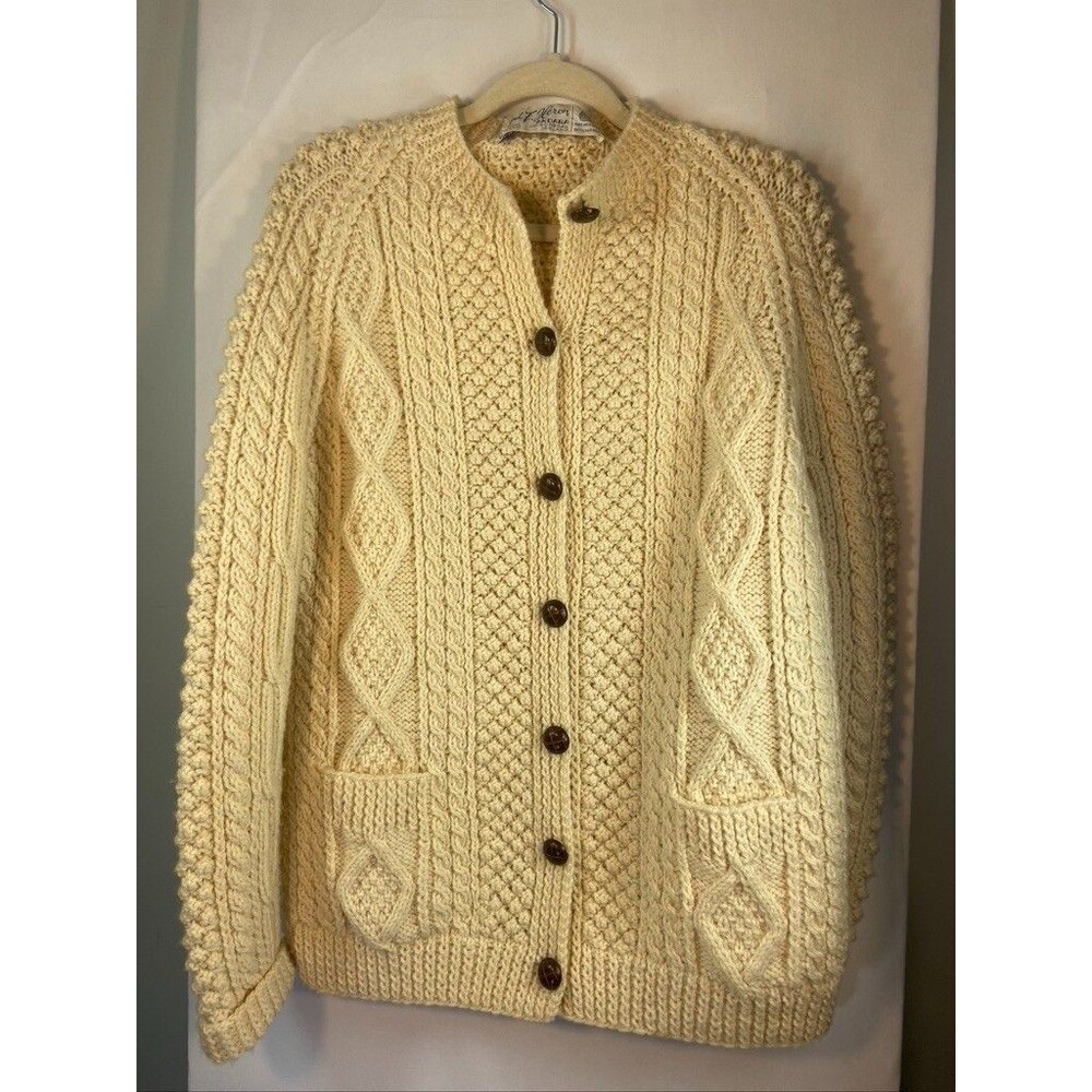 JOSEPH F HERON 100% WOOL HAND KNIT BUTTON UP CREAM LONG SLEEVE SWEATER SZ LARGE